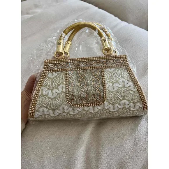 Fashion Womens Gold Beaded Embroidery Top Handle Handbag Size Small - Picture 1 of 3